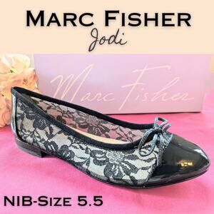 NEW Marc Fisher Jodi Black Leather Ballet Flats Floral Lace Cap Toe Bow Size 5.5